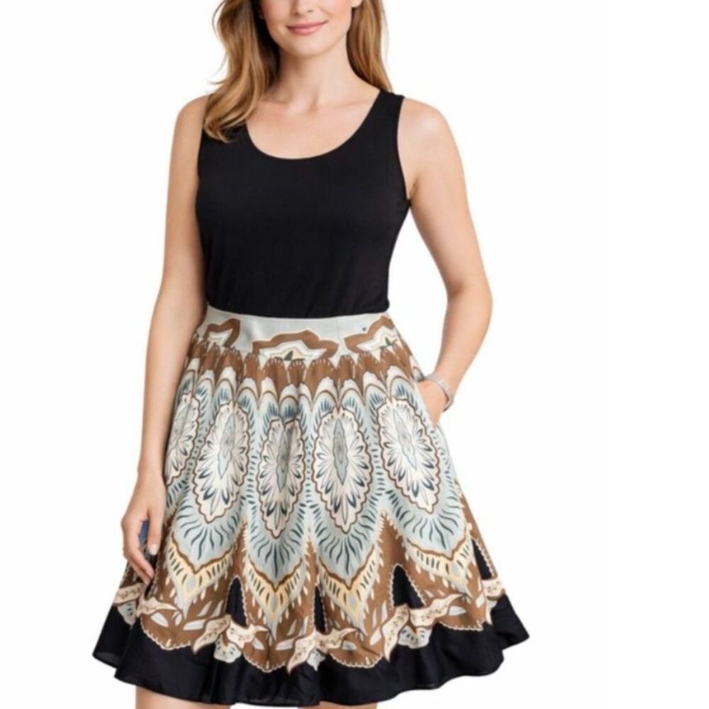 Coldwater Creek Blue Taupe Paisley 100% Silk A-Line Knee Length Skirt Size L